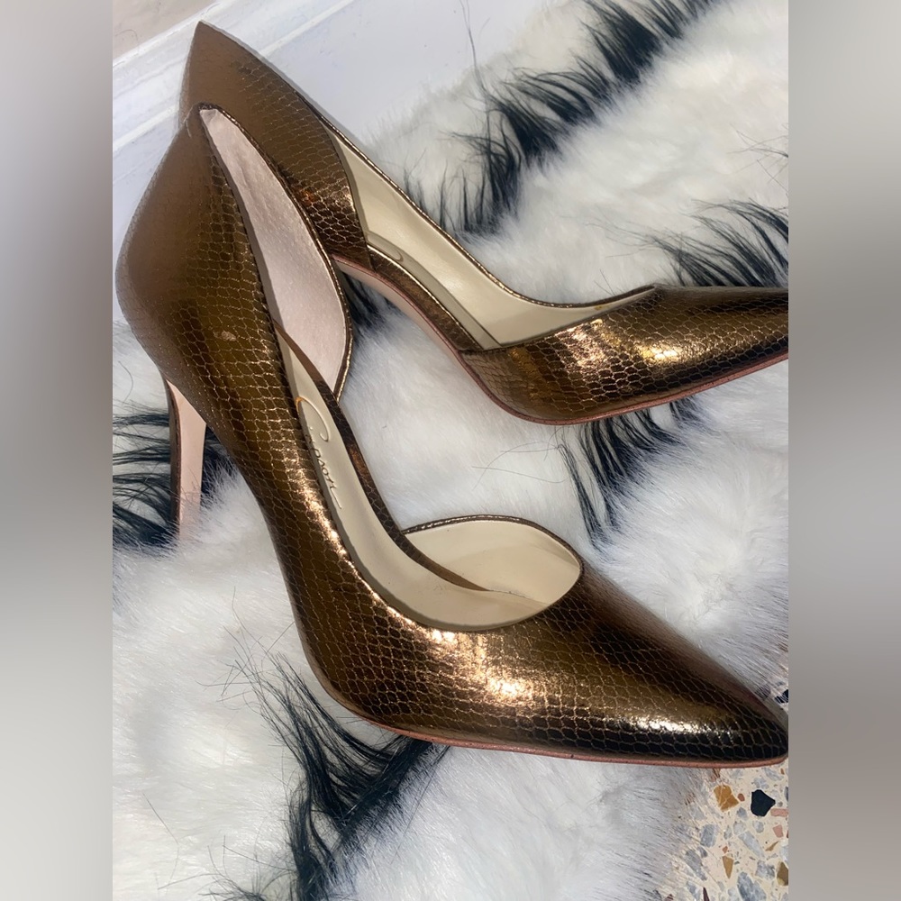 Jessica Simpson snake print metallic bronze gold closed toe heels